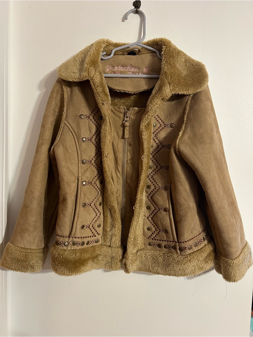 Girls' Tan Faux Suede Shearling Jacket Y2K